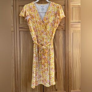 Nine West Yellow and Pink Floral Midi Wrap Dress